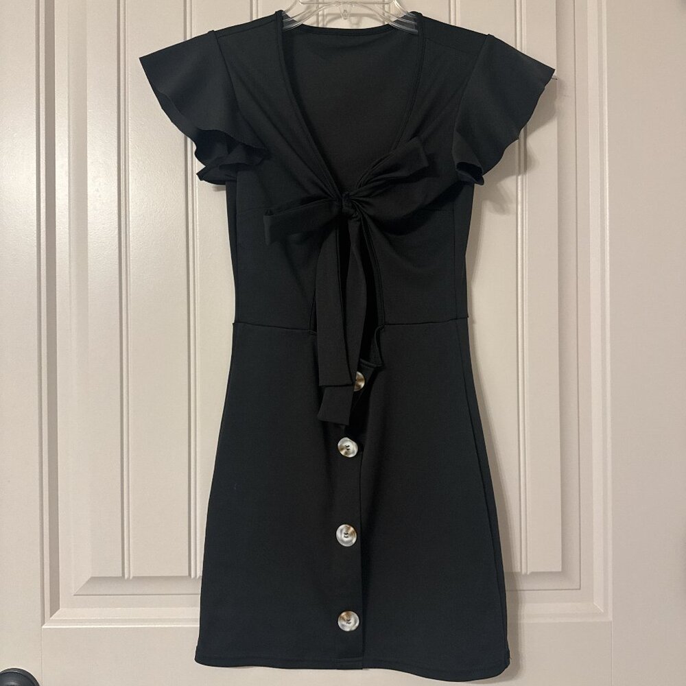 Black mini dress with tie front and button detail